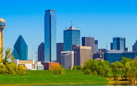 A park with trees and tall buildings in the background.