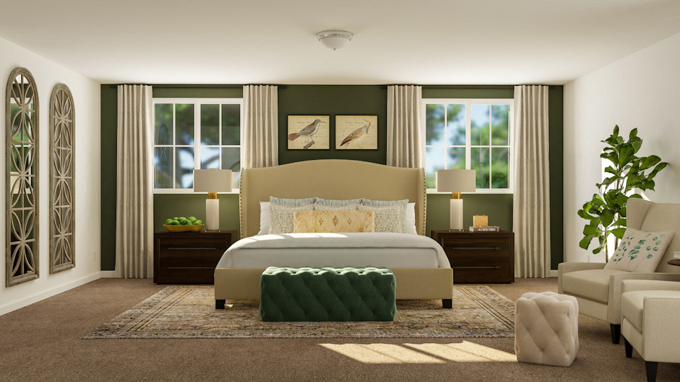 A bedroom with a bed and furniture.