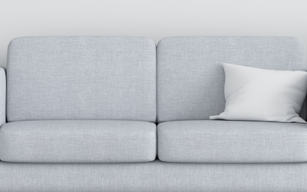 A grey couch with potted plants.