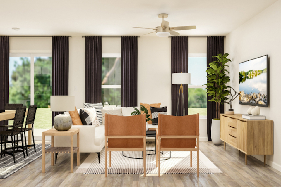 A living room with a large window.