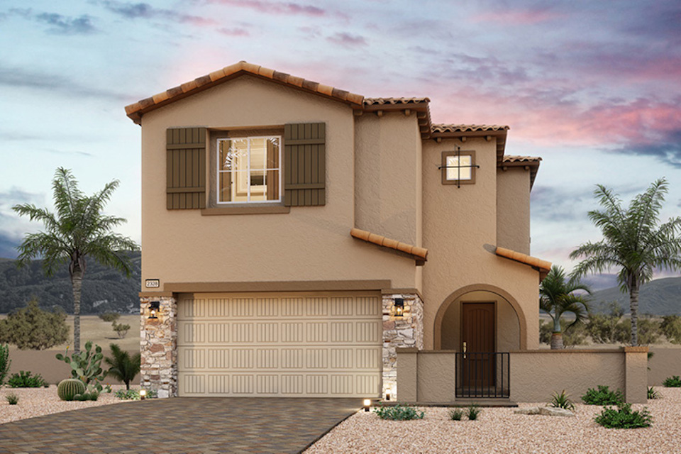 A house with a garage and palm trees.