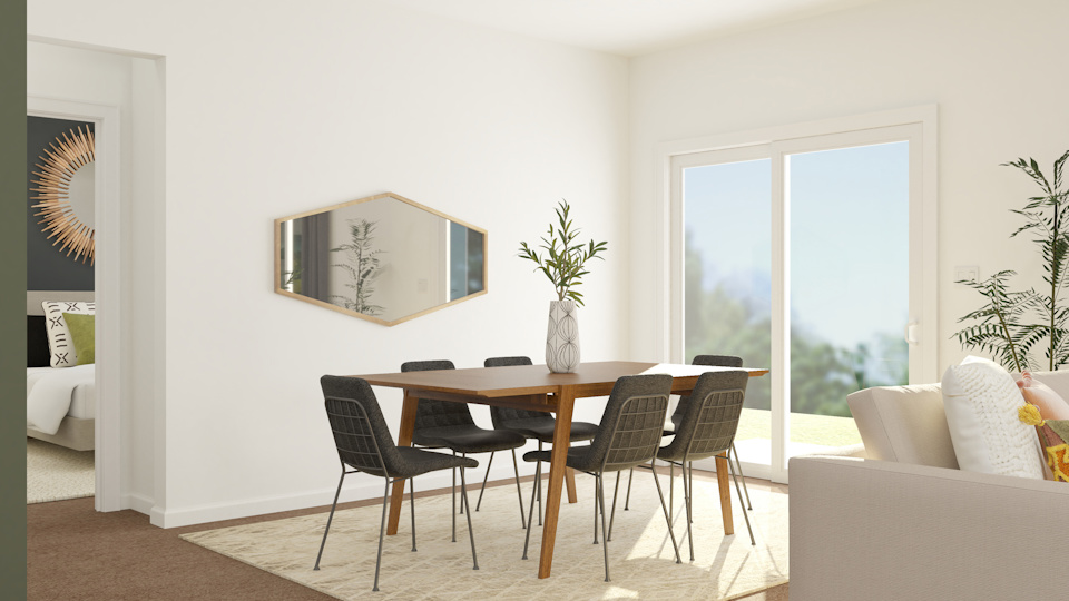 A dining room table with chairs.