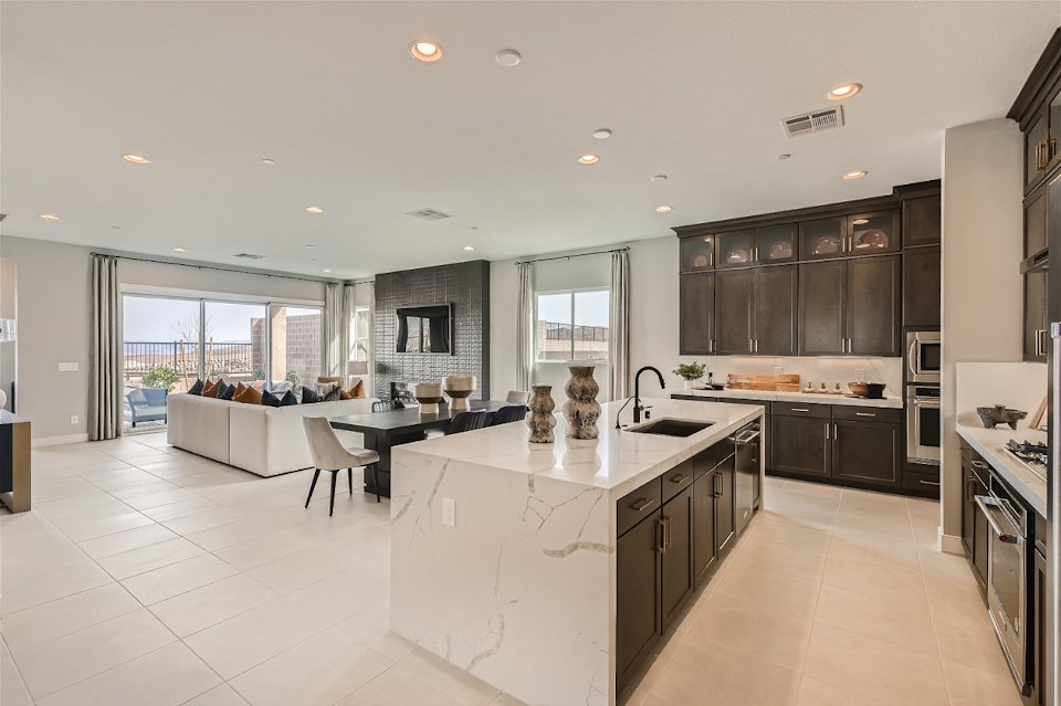 A kitchen with a large island.