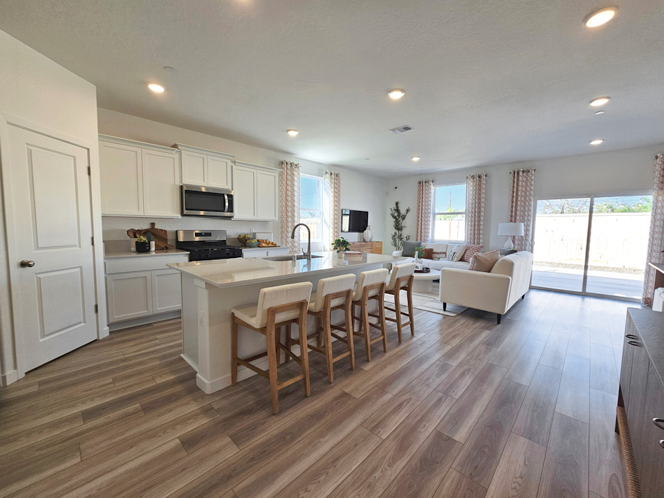 A kitchen with a large island.