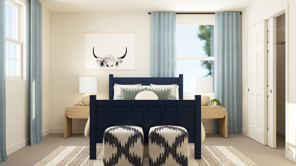 A room with a bed and a table.