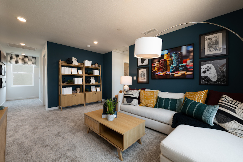A living room with a couch and a coffee table.