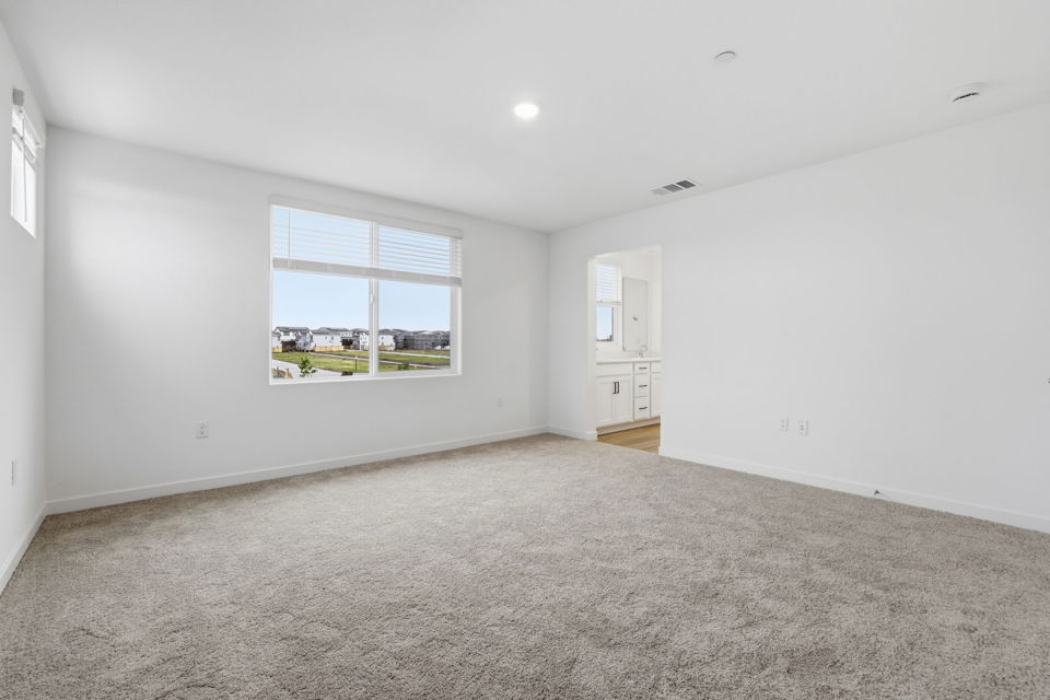 A room with a carpet and a window.