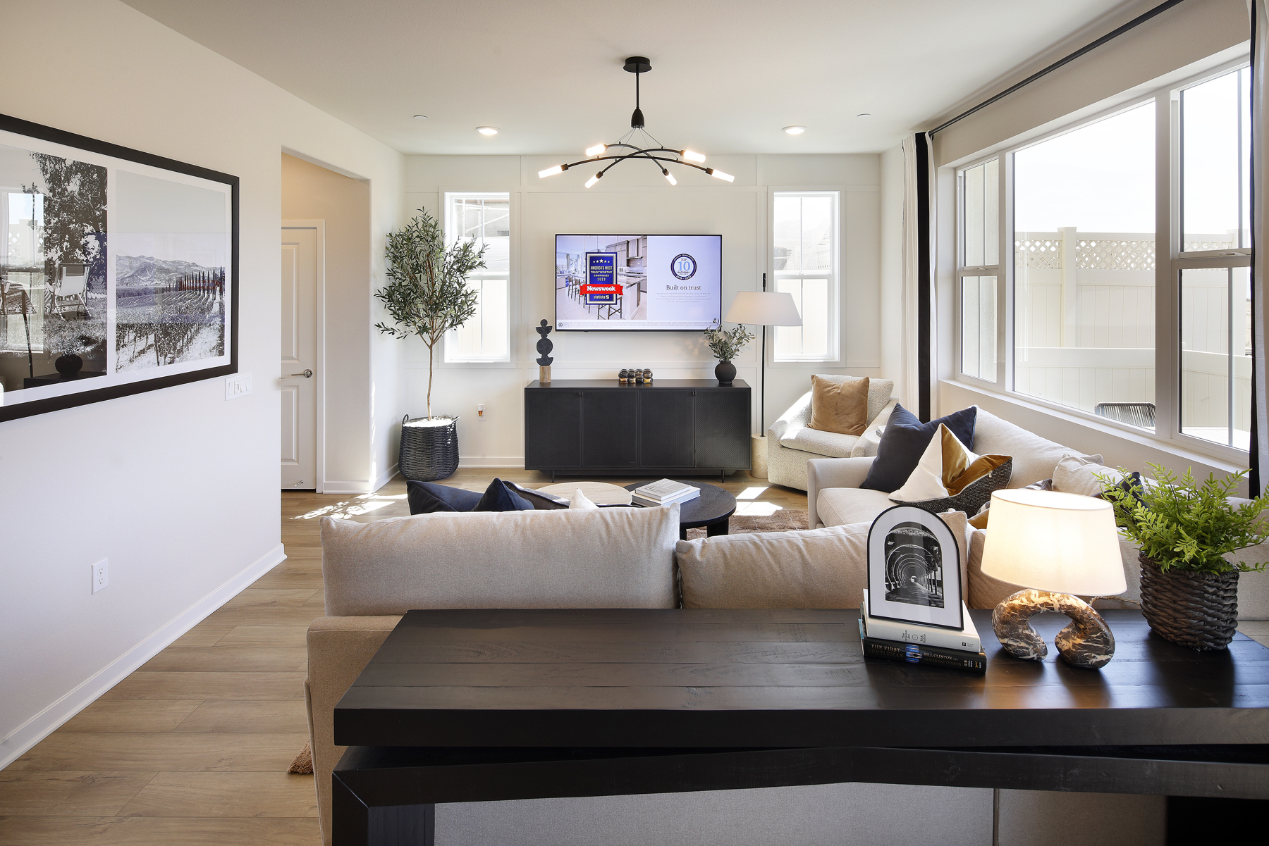 A living room with a large window.