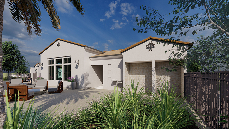 A house with a fence and trees.