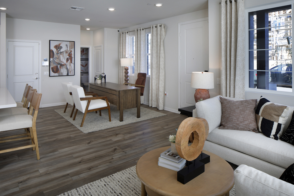 A living room with a large window.