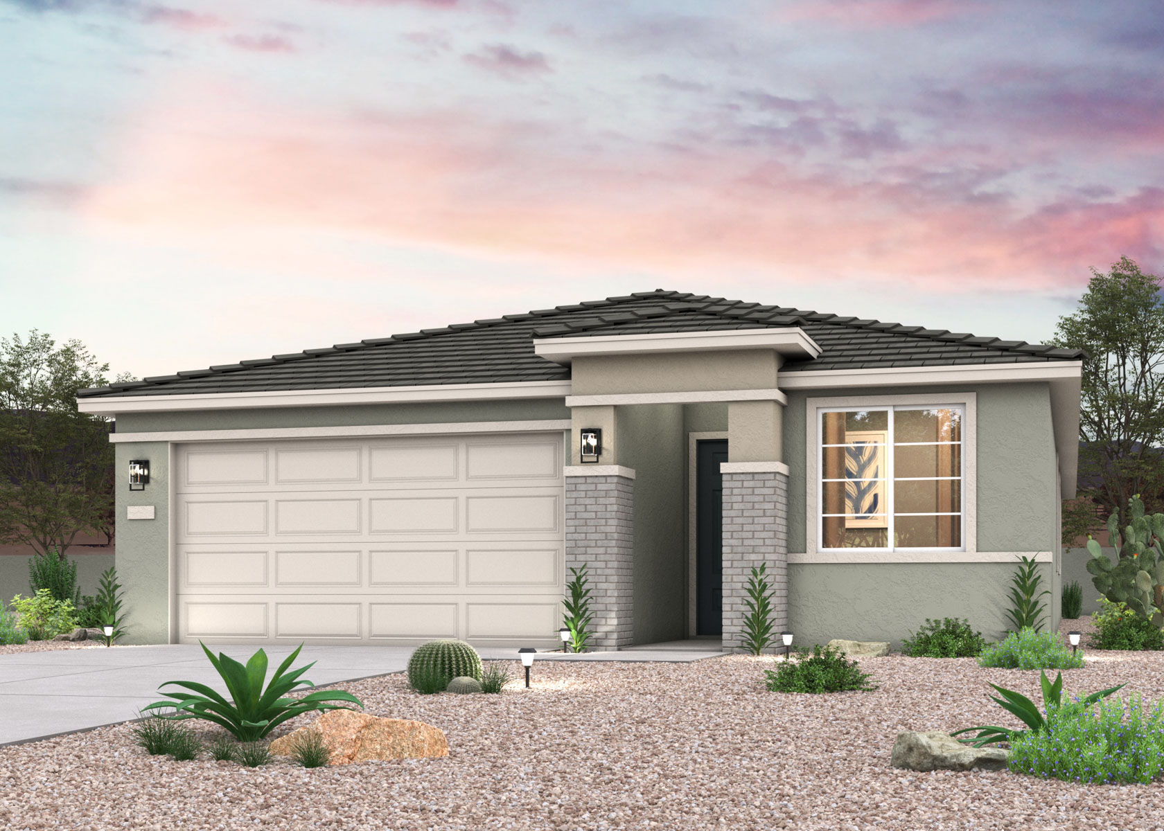 Twilight rendering of a new home for sale in Buckeye, AZ with 2 car garage at Montana Vista by Century Communities.