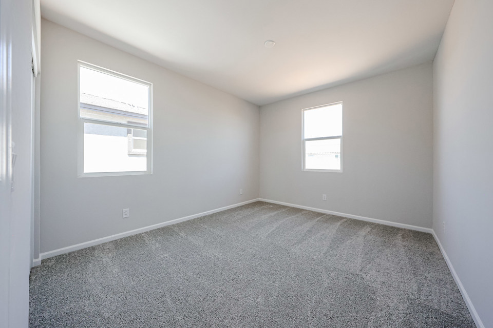 A room with a carpet and windows.