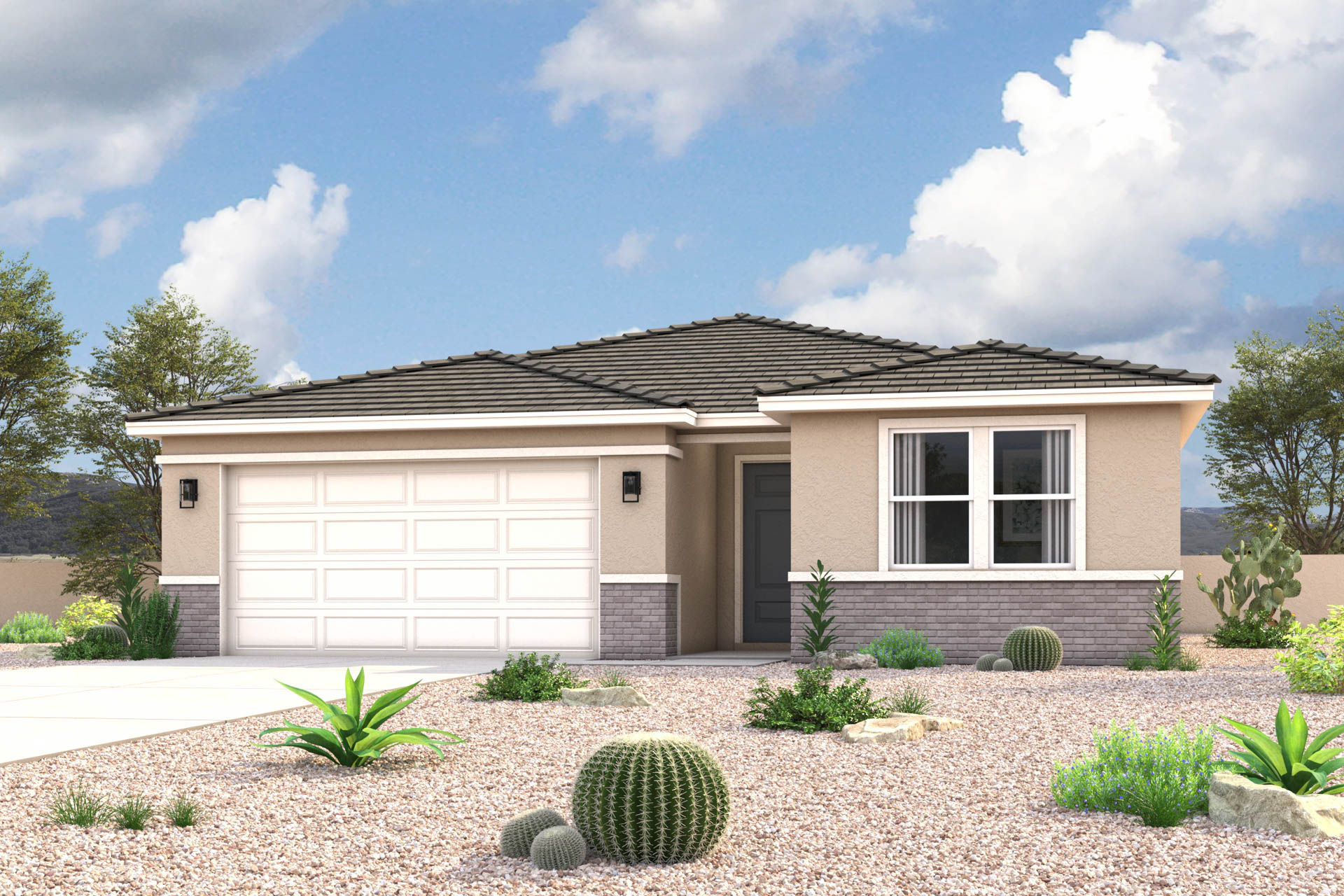 New Home modern prairie exterior elevation rendering of single-story 4-bedroom 2-bathroom floor plan with an additional Study + Loft in Florence AZ Near Queen Creek USDA Loan VA Loan Eligible Near Hunt Highway with community Pool, Gym and more!