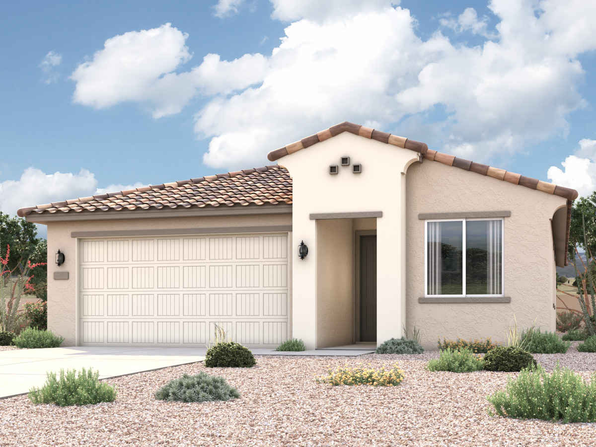 Rendering of front of new home for sale in San Tan, AZ with 2 car garage in the beautiful Skyline Village community with pool.
