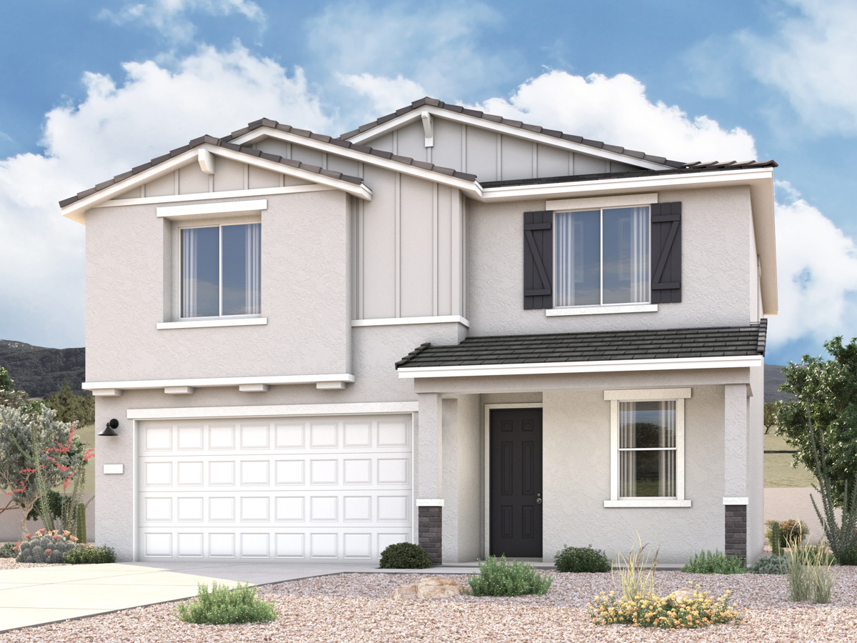 Rendering of front of new home for sale in San Tan, AZ with 2 car garage in the beautiful Skyline Village community with pool.