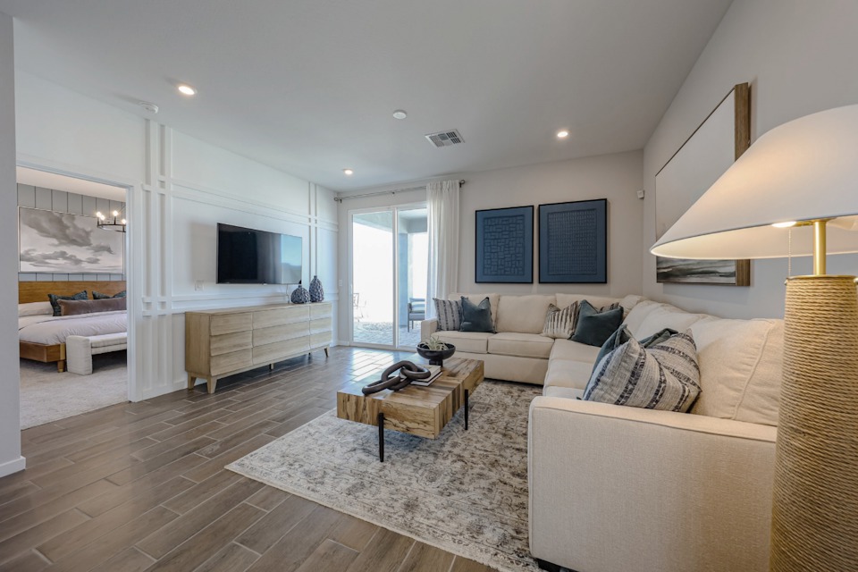 A living room with a large bed and a couch.