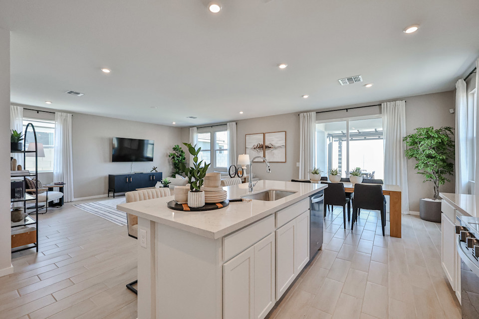 A kitchen with a large island.