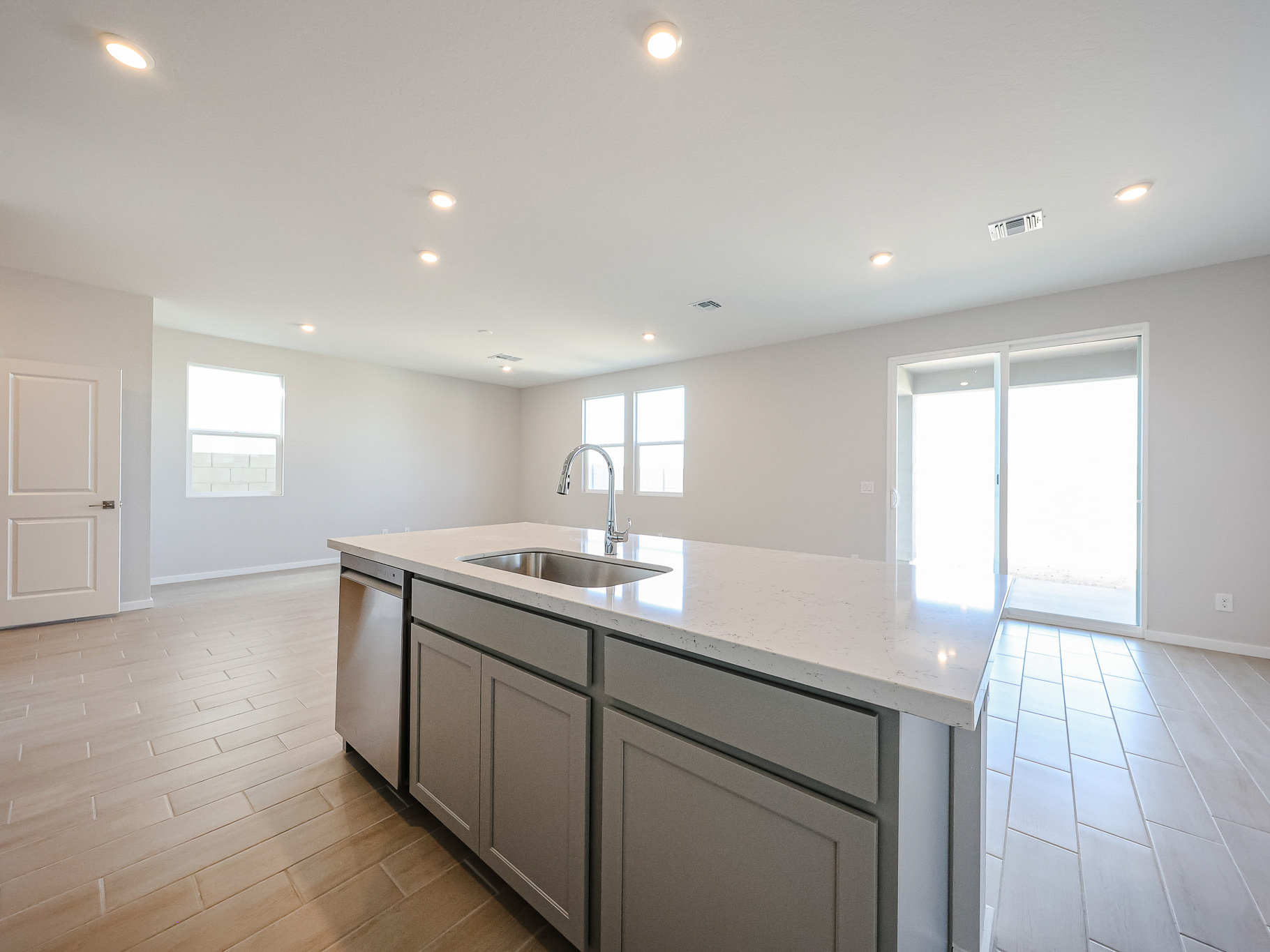 A kitchen with a large island.