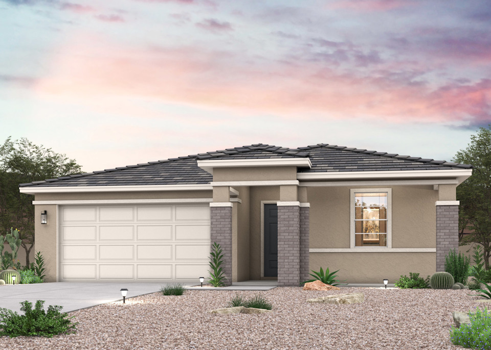 Twilight rendering of front of new home for sale in Buckeye, AZ with 2 car garage.