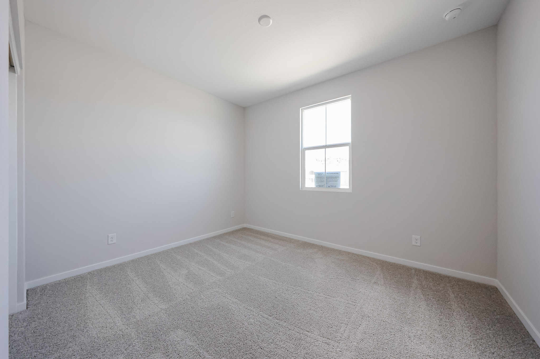 A room with a carpet and a window.