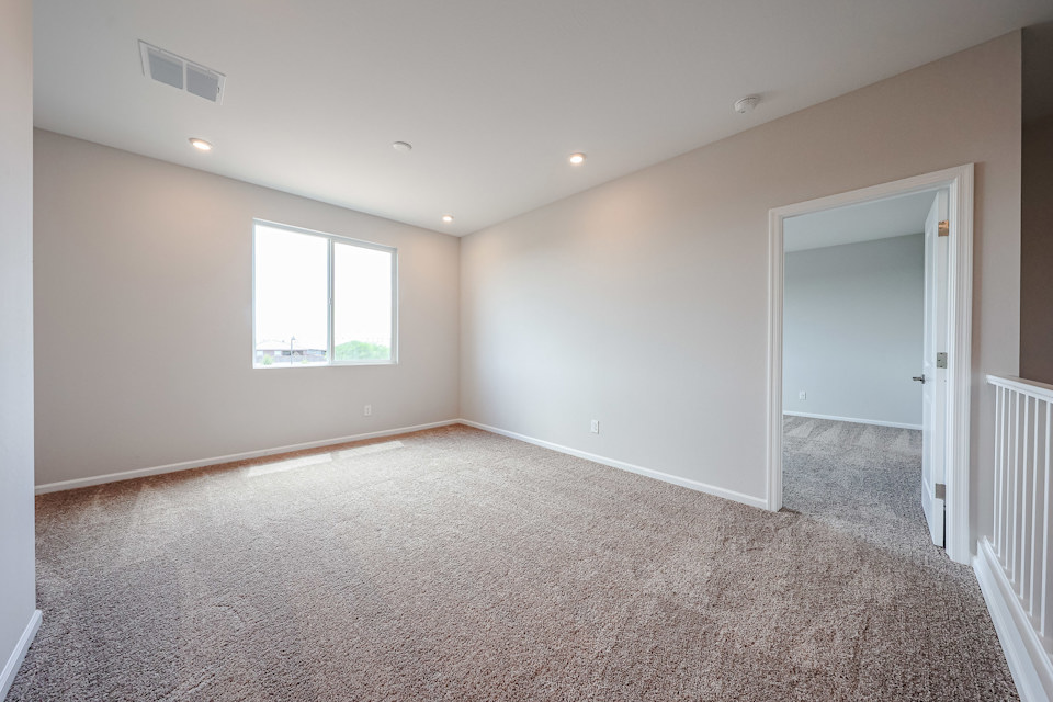 A room with a carpet and a door.