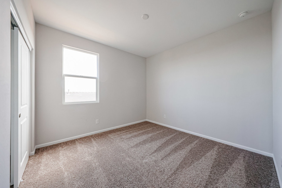 A room with a carpet and a window.
