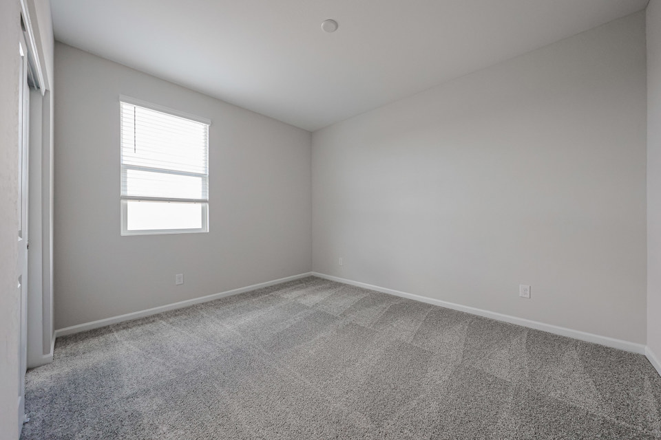 A room with a carpet and a window.