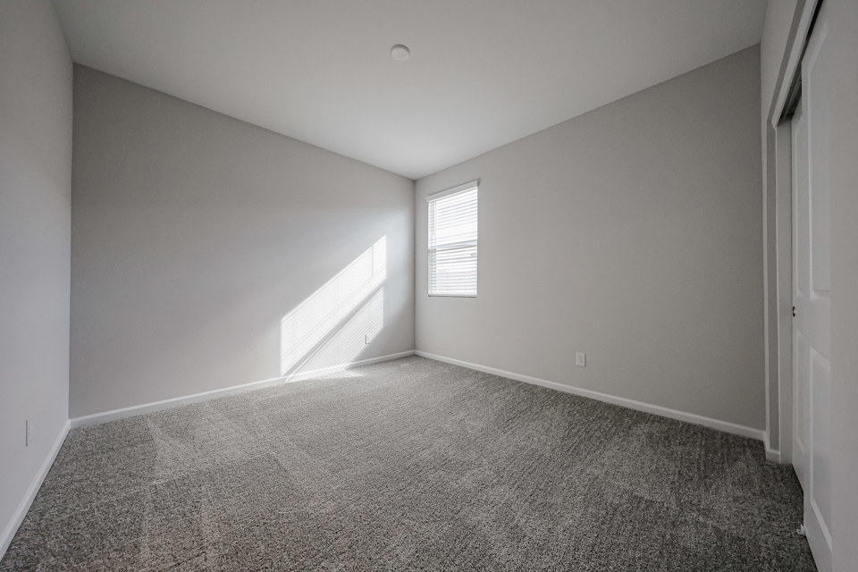 A room with a carpet and a window.