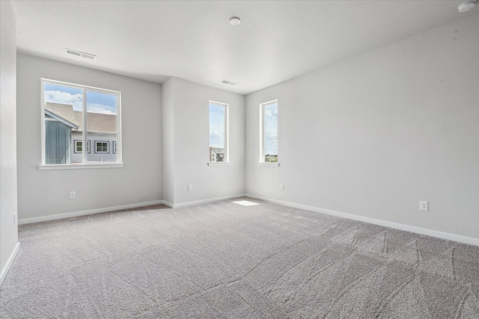 A room with a carpet and windows.