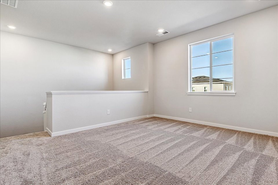 A room with a carpet and windows.