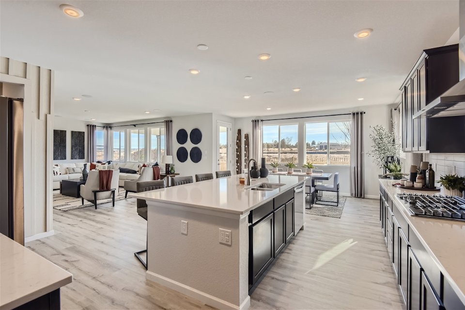 A kitchen with a large island.