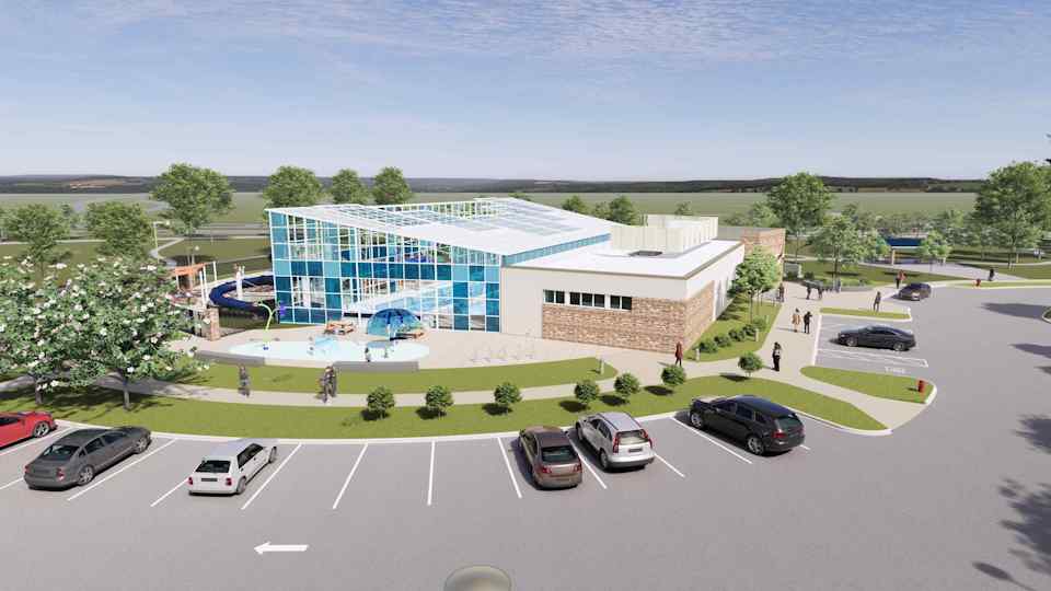 A building with a parking lot.