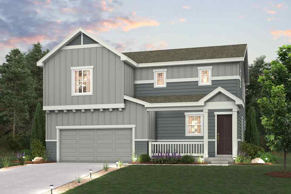 A grey house with a garage.