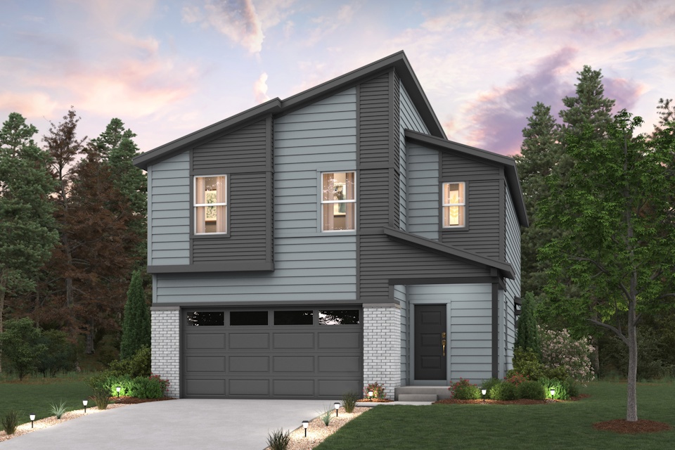 A grey house with a garage.