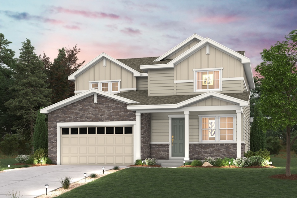 Ontario Floorplan Rendering with landscaping and Elevation C exterior Finishes