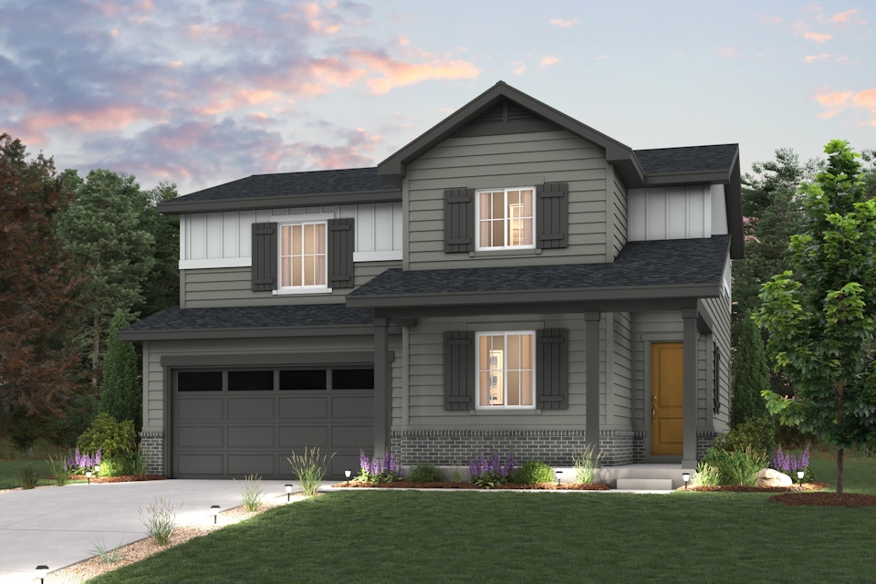 Powell Floorplan Rendering with landscaping and Elevation A exterior Finishes