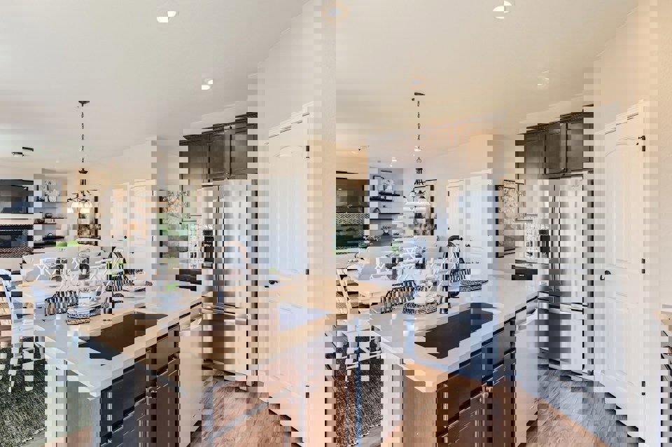 A kitchen with a large island.