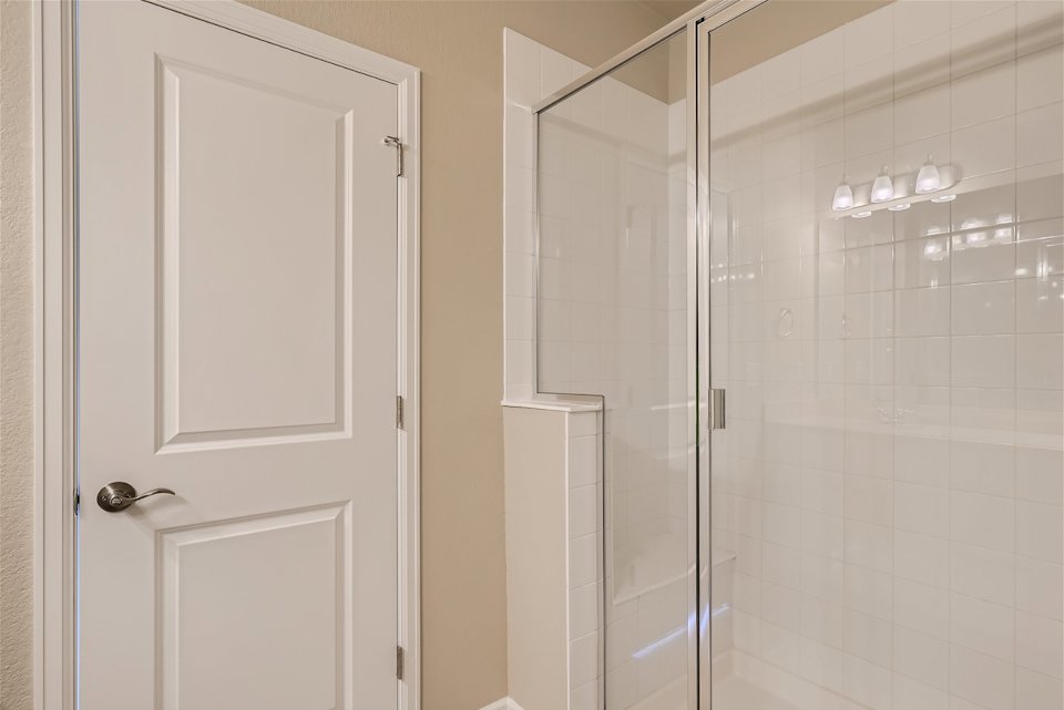 A shower unit and a door.