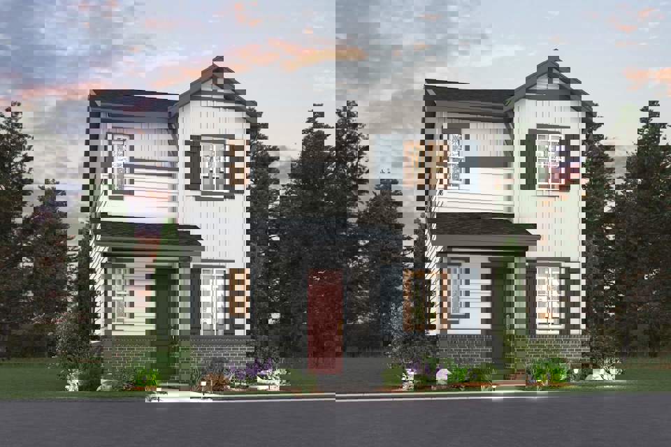 A house with trees around it.