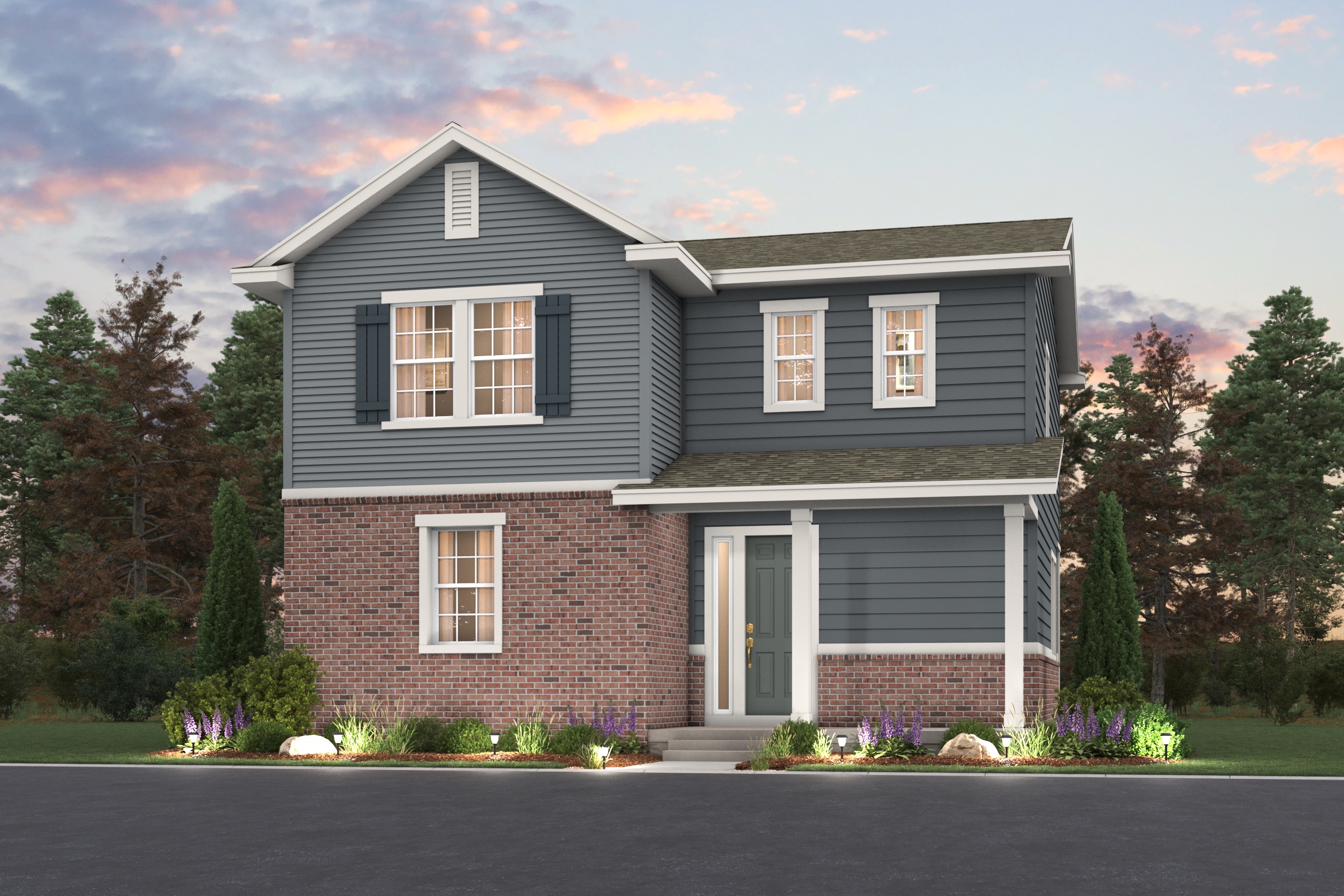 A house with a driveway. Ashton Floorplan home rendering with landscaping Elevation C