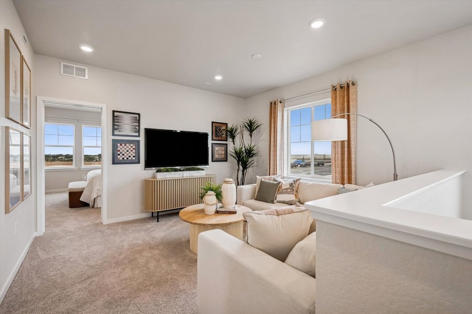 A living room with a bed and a tv.