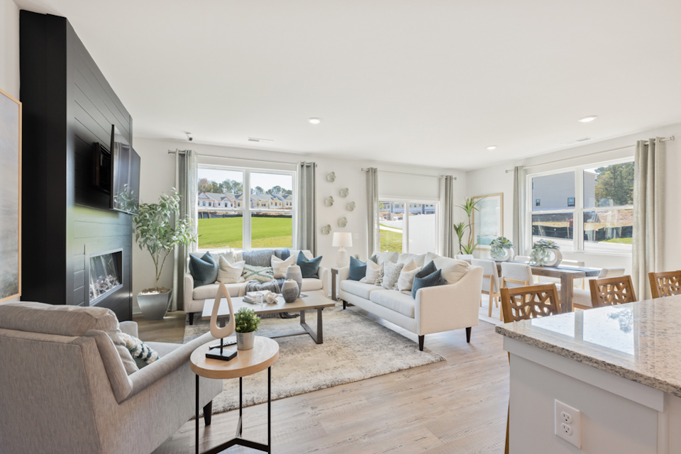 A living room with a large window.