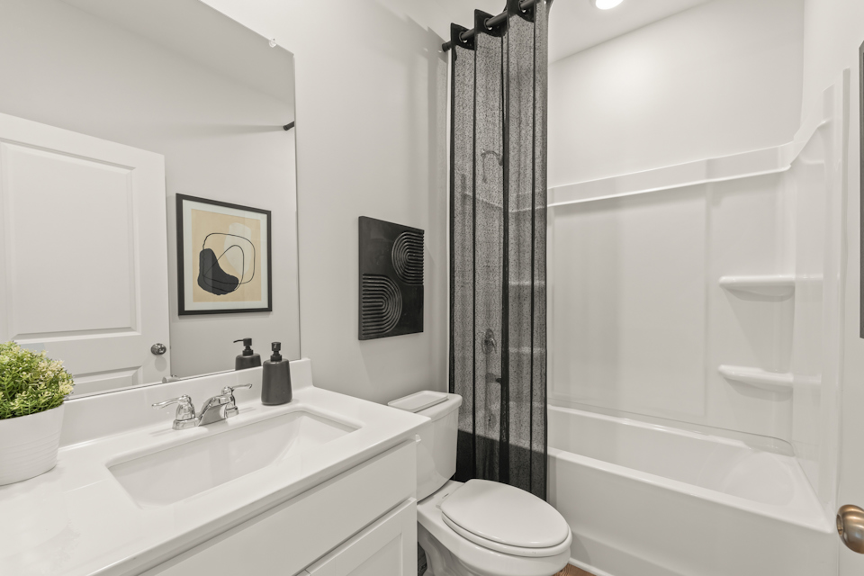 A bathroom with a shower curtain.