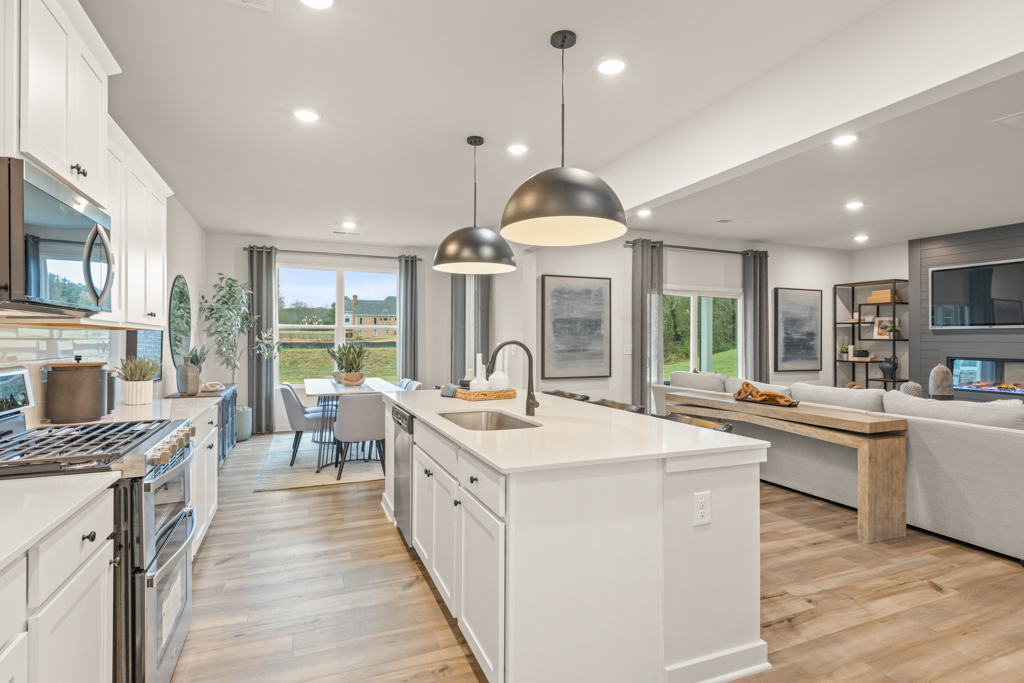 A kitchen with a large island.