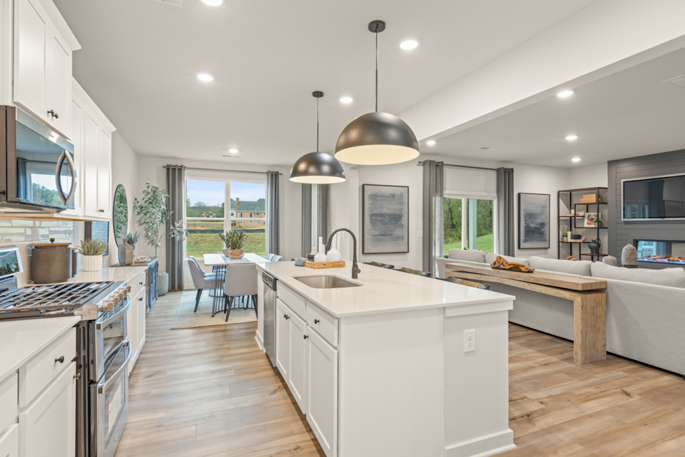A kitchen with a large island.