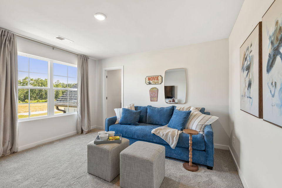 A living room with a blue couch and a blue couch.