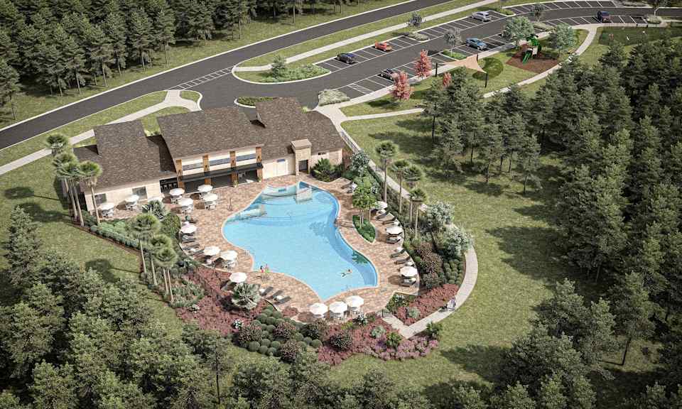 Aerial View of Clubhouse and Resort-Style Pool at Seminole Palms in Palm Coast, FL