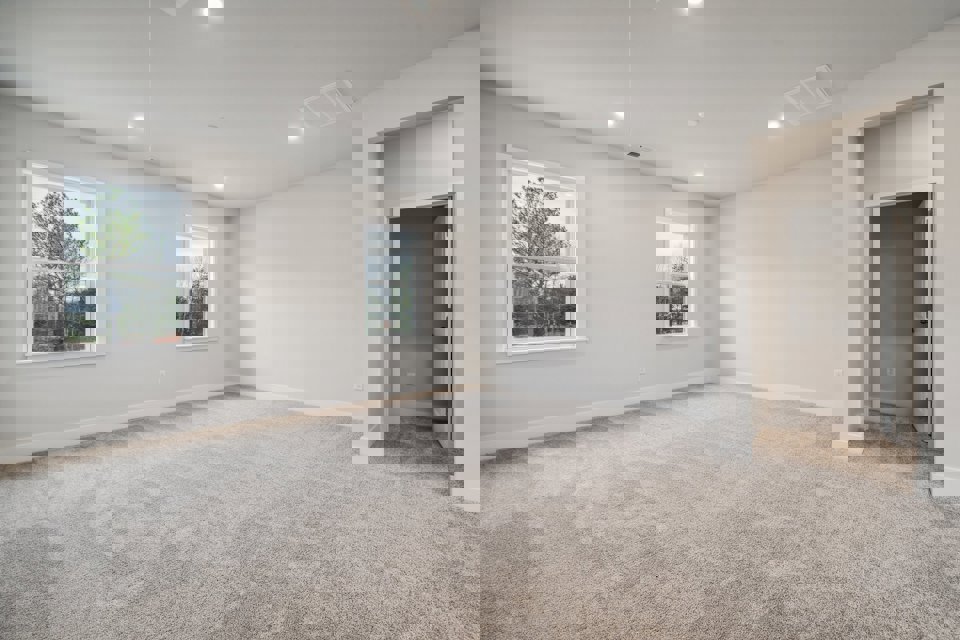 A room with a carpet and windows.