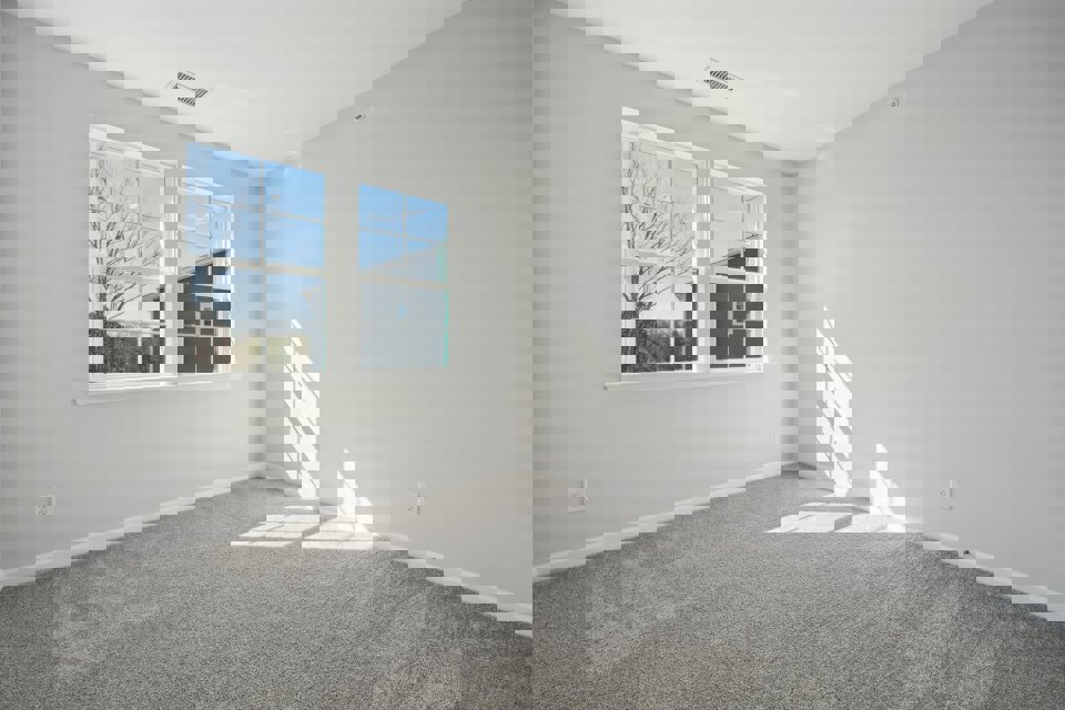 A room with windows and a rug.