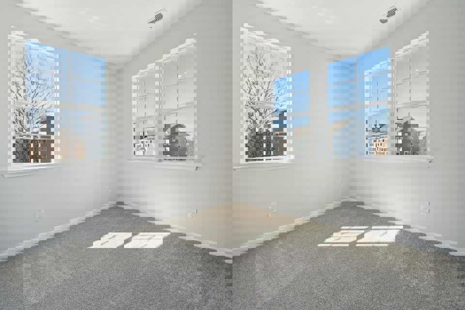 A room with windows and a rug.